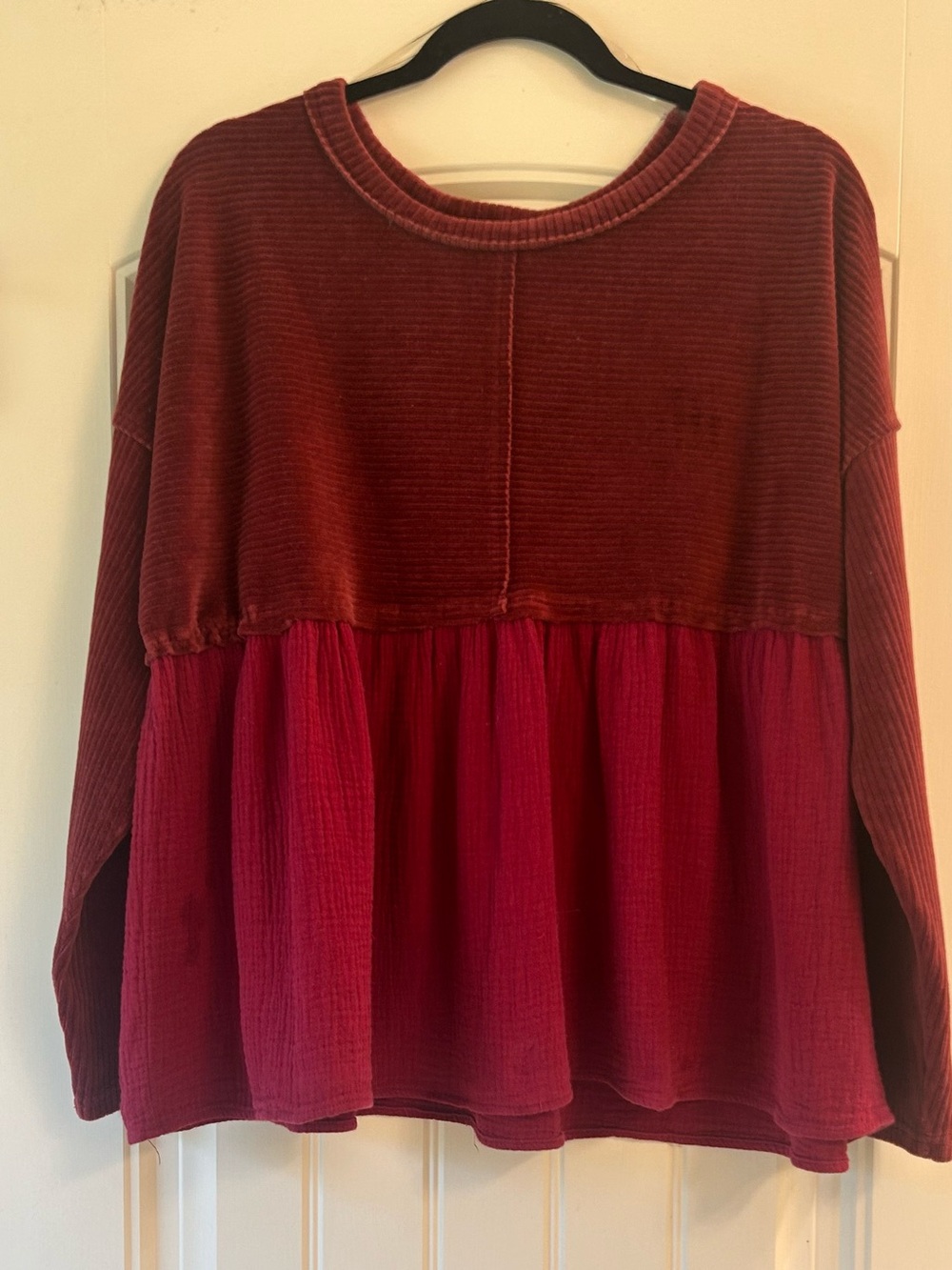 Entro Corduroy Babydoll Colorblock Peplum Top Maroon Red S EUC